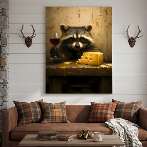 Raccoon with Wine and Cheese Canvas – Funny Bar Wall Art, Gentleman Gift for Men