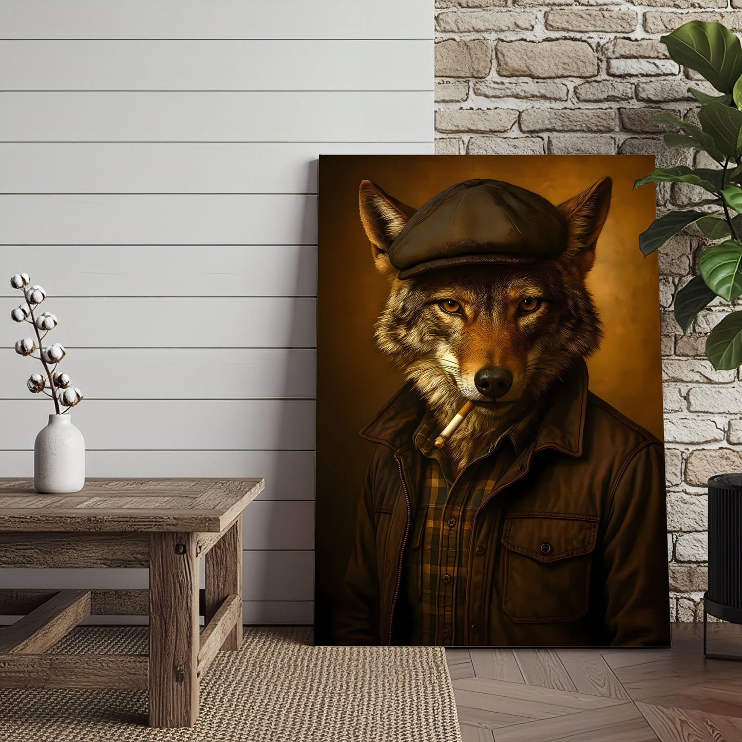 Cool Wolf in Flat Cap Canvas Wall Art – Vintage Funny Animal Portrait Canvas