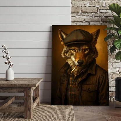 Cool Wolf in Flat Cap Canvas Wall Art – Vintage Funny Animal Portrait Canvas