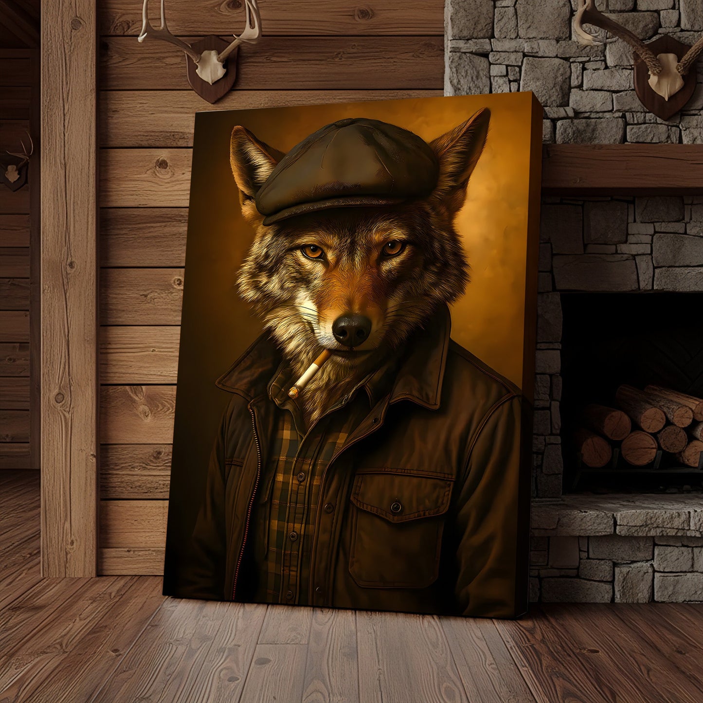 Cool Wolf in Flat Cap Canvas Wall Art – Vintage Funny Animal Portrait Canvas