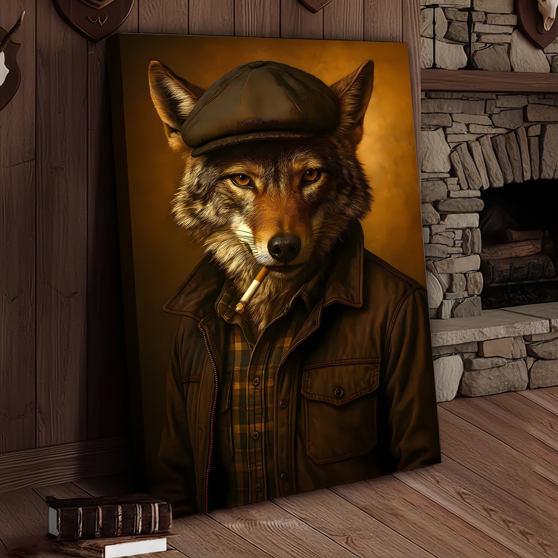 Cool Wolf in Flat Cap Canvas Wall Art – Vintage Funny Animal Portrait Canvas