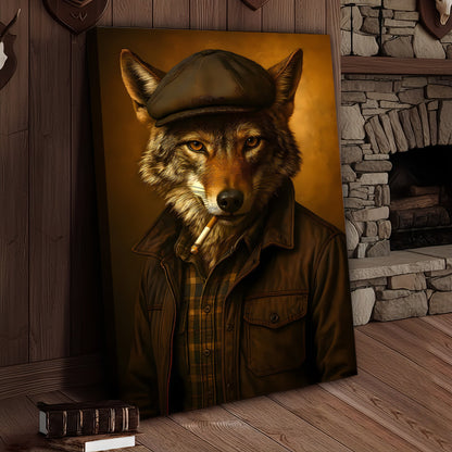 Cool Wolf in Flat Cap Canvas Wall Art – Vintage Funny Animal Portrait Canvas