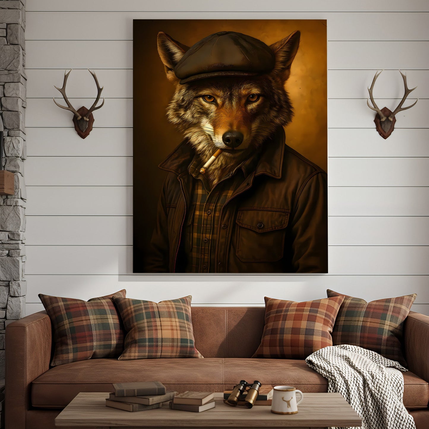 Cool Wolf in Flat Cap Canvas Wall Art – Vintage Funny Animal Portrait Canvas