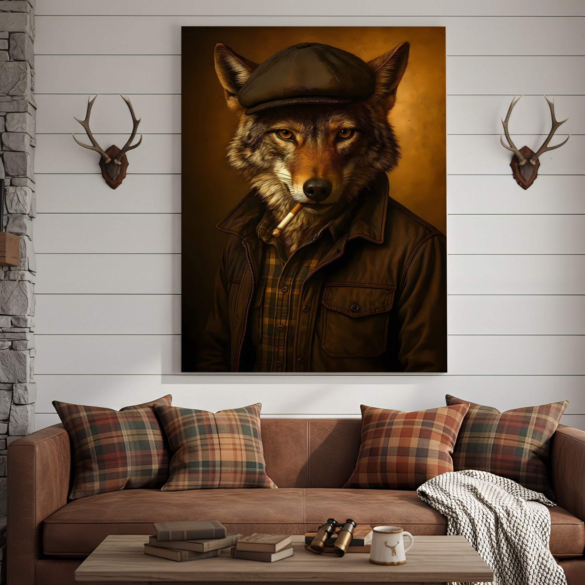 Cool Wolf in Flat Cap Canvas Wall Art – Vintage Funny Animal Portrait Canvas