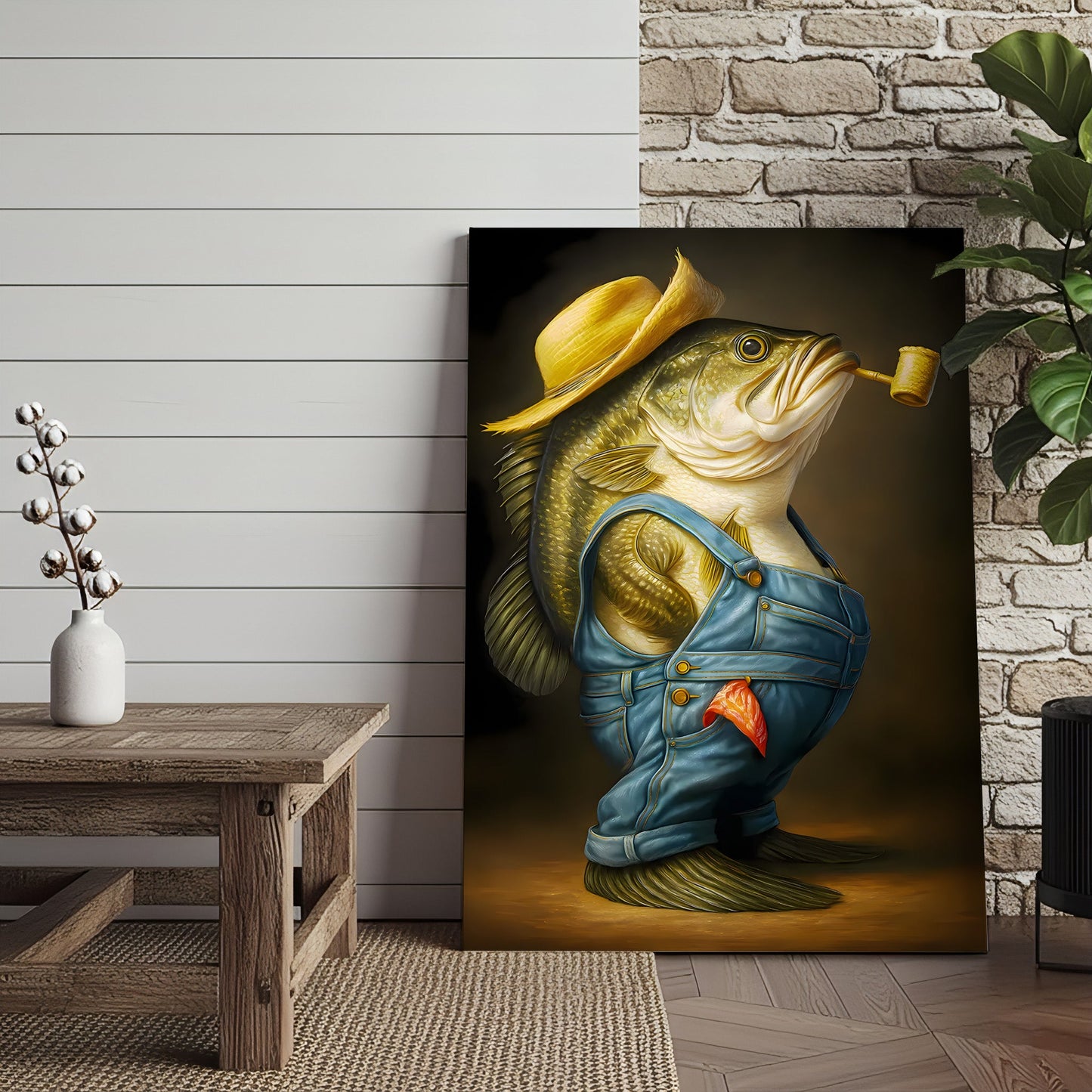 Funny Bass Wall Art – Farmer Fish Canvas for Fishing Lovers, Cabin & Lake House Decor