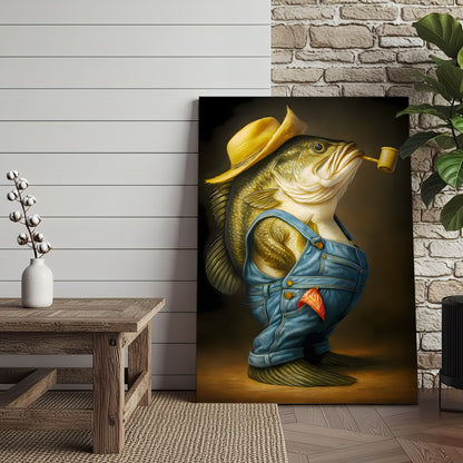 Funny Bass Wall Art – Farmer Fish Canvas for Fishing Lovers, Cabin & Lake House Decor