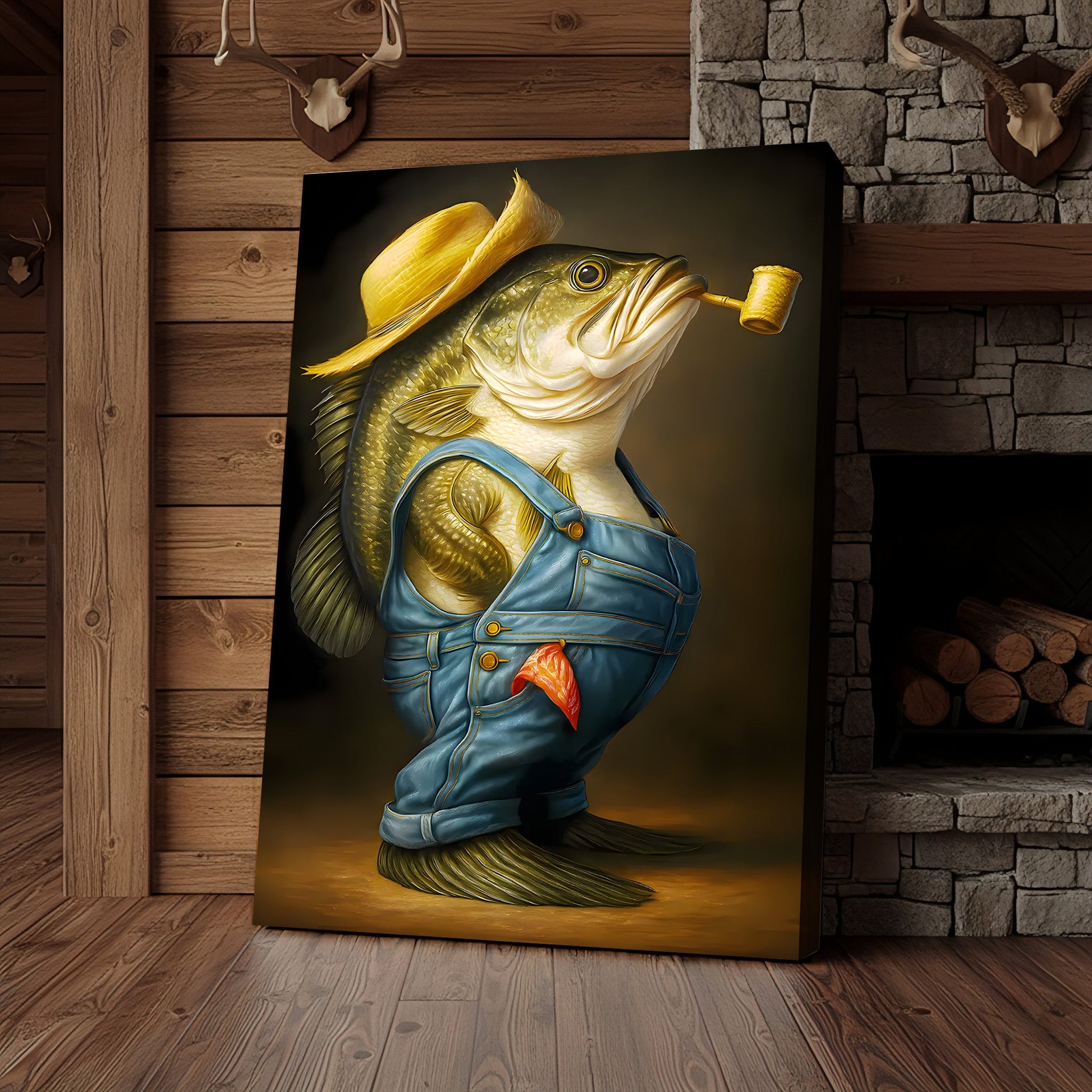 Funny Bass Wall Art – Farmer Fish Canvas for Fishing Lovers, Cabin & Lake House Decor