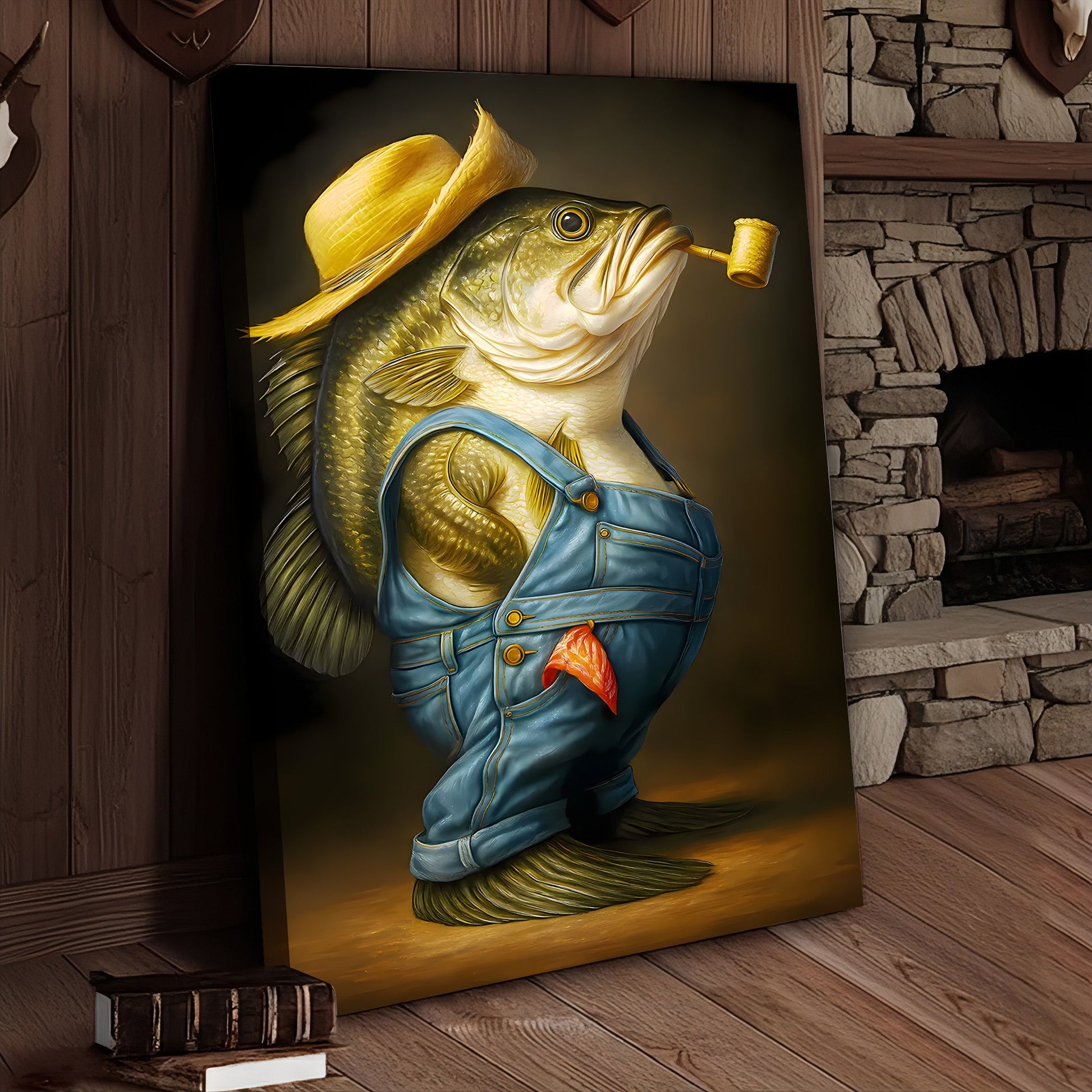 Funny Bass Wall Art – Farmer Fish Canvas for Fishing Lovers, Cabin & Lake House Decor