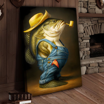 Funny Bass Wall Art – Farmer Fish Canvas for Fishing Lovers, Cabin & Lake House Decor