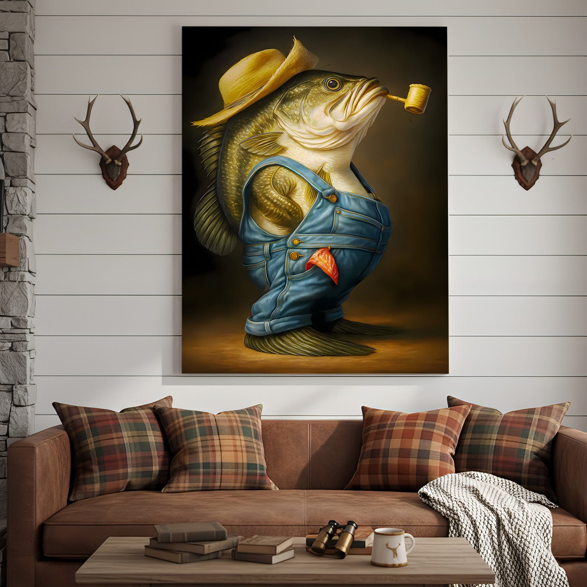 Funny Bass Wall Art – Farmer Fish Canvas for Fishing Lovers, Cabin & Lake House Decor