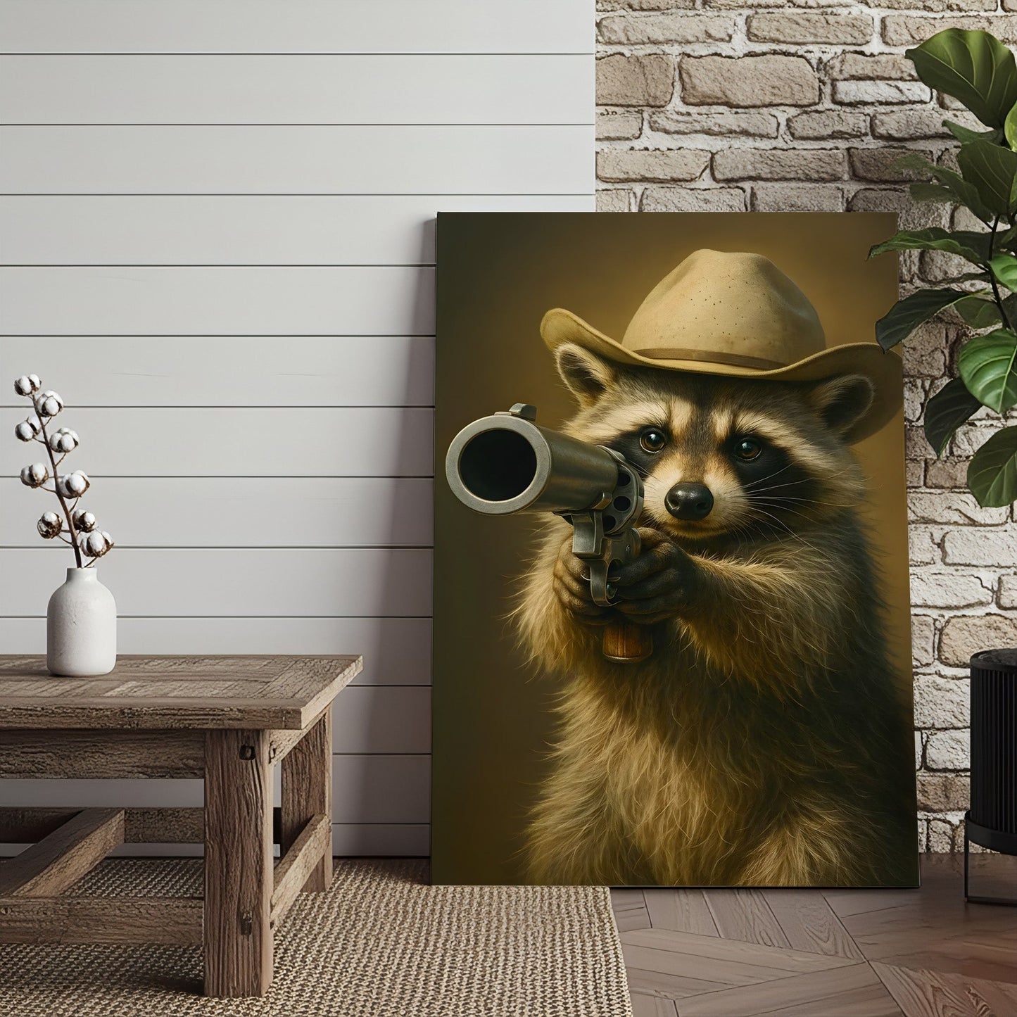 Cowboy Raccoon with Revolver Canvas Wall Art, Funny Western Critter Decor