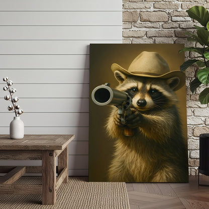 Cowboy Raccoon with Revolver Canvas Wall Art, Funny Western Critter Decor