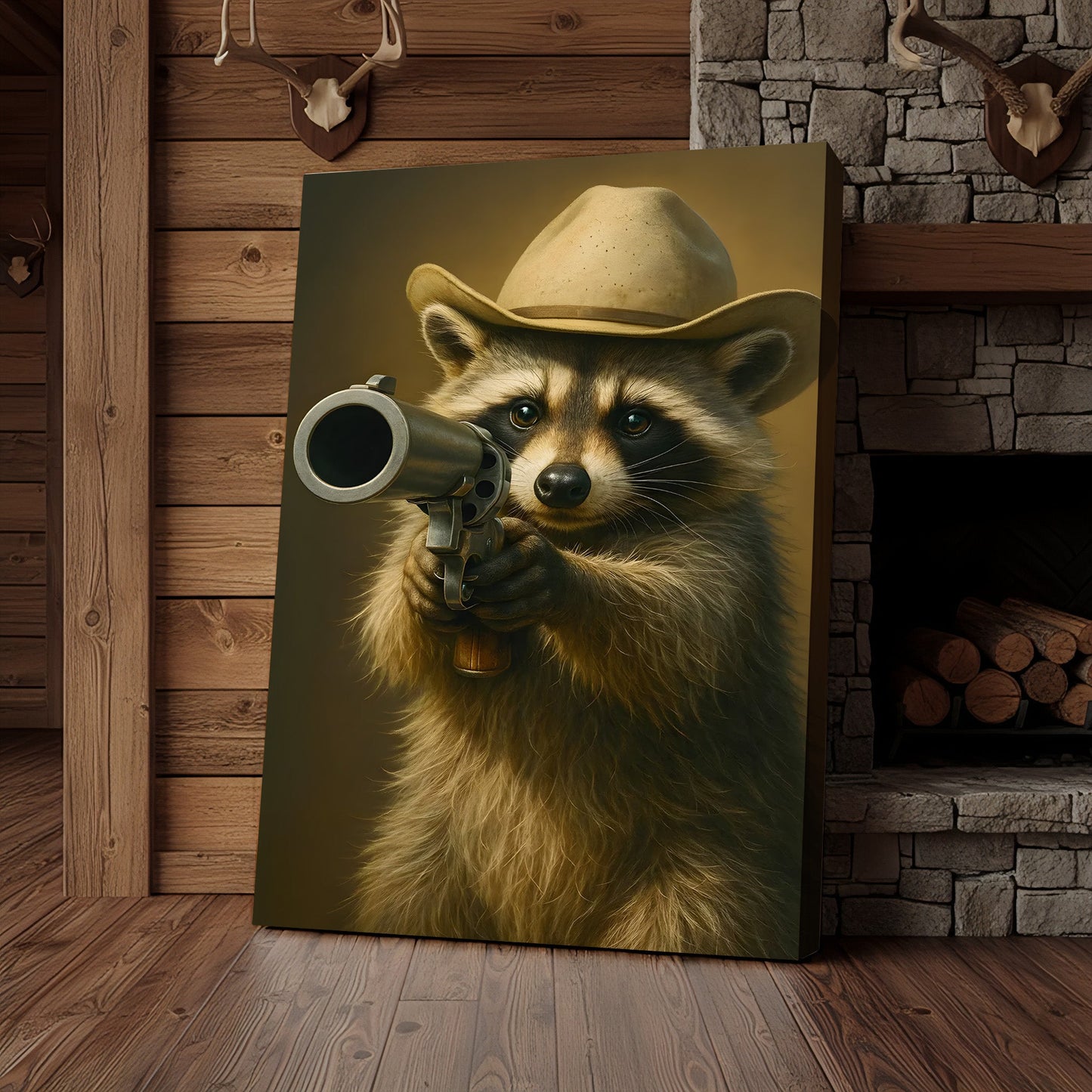 Cowboy Raccoon with Revolver Canvas Wall Art, Funny Western Critter Decor