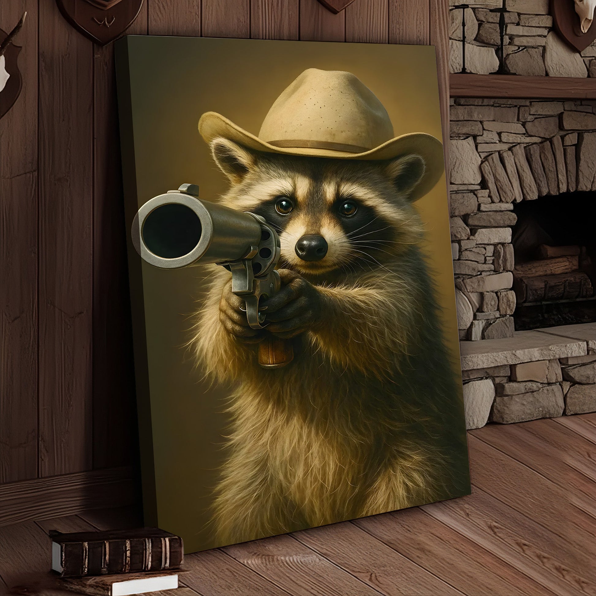 Cowboy Raccoon with Revolver Canvas Wall Art, Funny Western Critter Decor