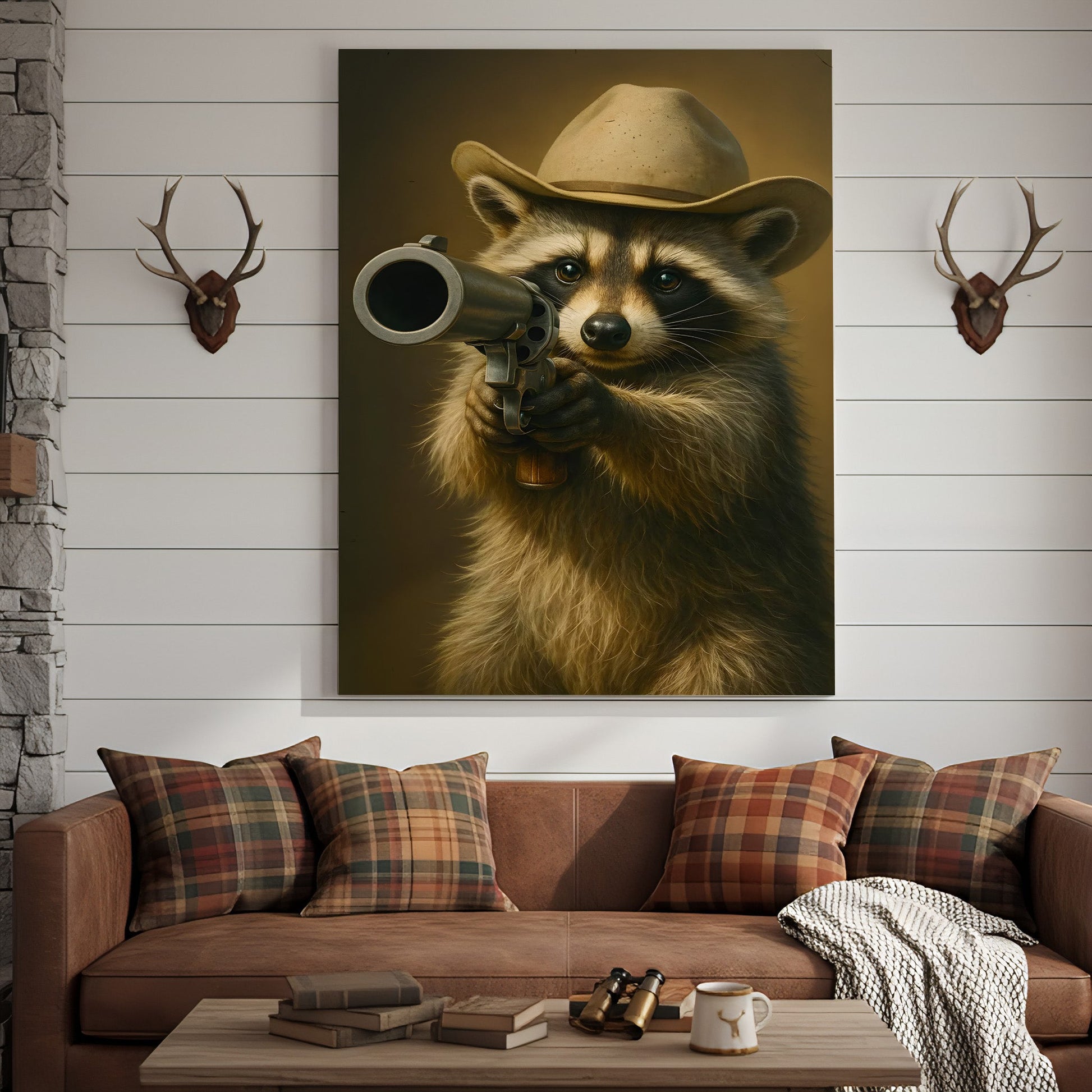 Cowboy Raccoon with Revolver Canvas Wall Art, Funny Western Critter Decor