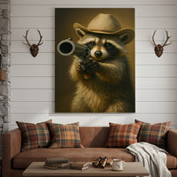 Cowboy Raccoon with Revolver Canvas Wall Art, Funny Western Critter Decor