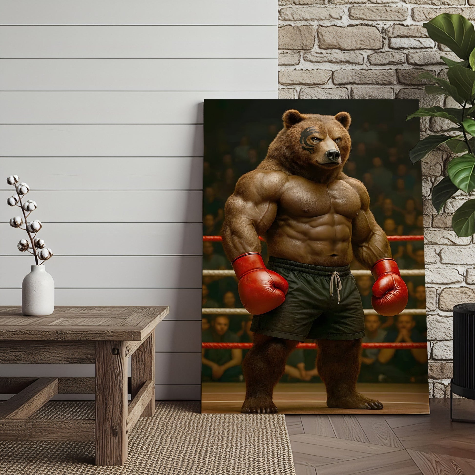 Boxing Bear Canvas Wall Art, Muscular Fighter in Red Gloves, Gym & Man Cave Decor