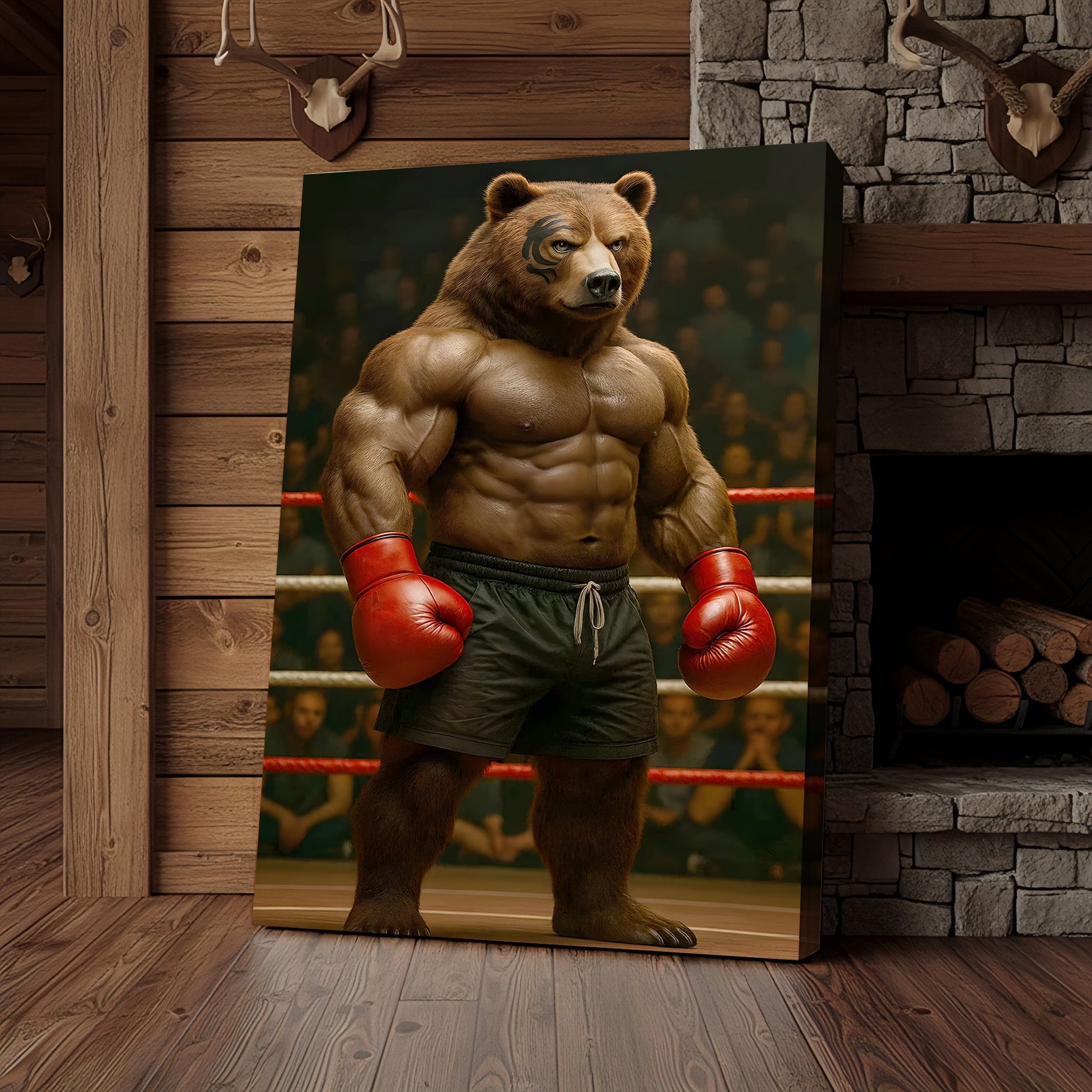 Boxing Bear Canvas Wall Art, Muscular Fighter in Red Gloves, Gym & Man Cave Decor