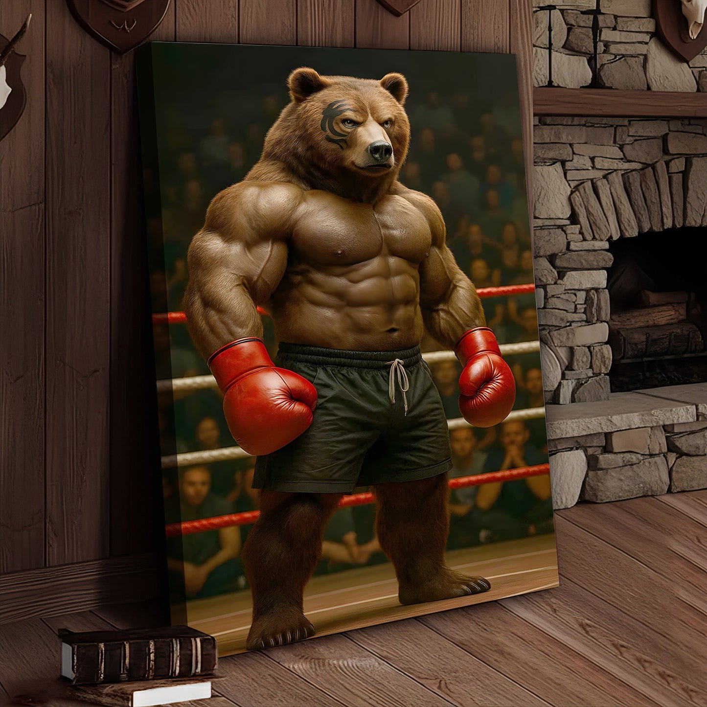 Boxing Bear Canvas Wall Art, Muscular Fighter in Red Gloves, Gym & Man Cave Decor