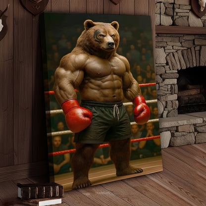 Boxing Bear Canvas Wall Art, Muscular Fighter in Red Gloves, Gym & Man Cave Decor