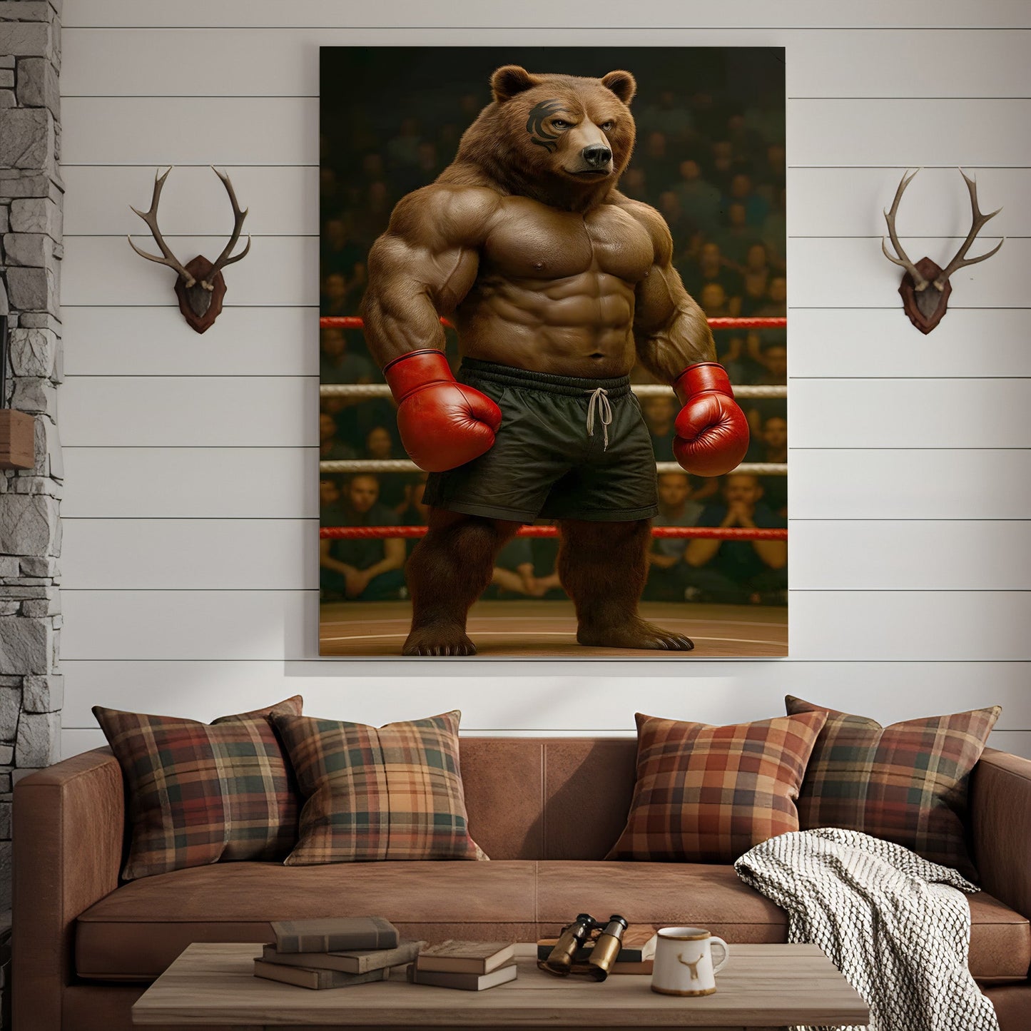 Boxing Bear Canvas Wall Art, Muscular Fighter in Red Gloves, Gym & Man Cave Decor