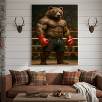 Boxing Bear Canvas Wall Art, Muscular Fighter in Red Gloves, Gym & Man Cave Decor