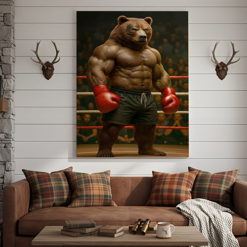 Boxing Bear Canvas Wall Art, Muscular Fighter in Red Gloves, Gym & Man Cave Decor