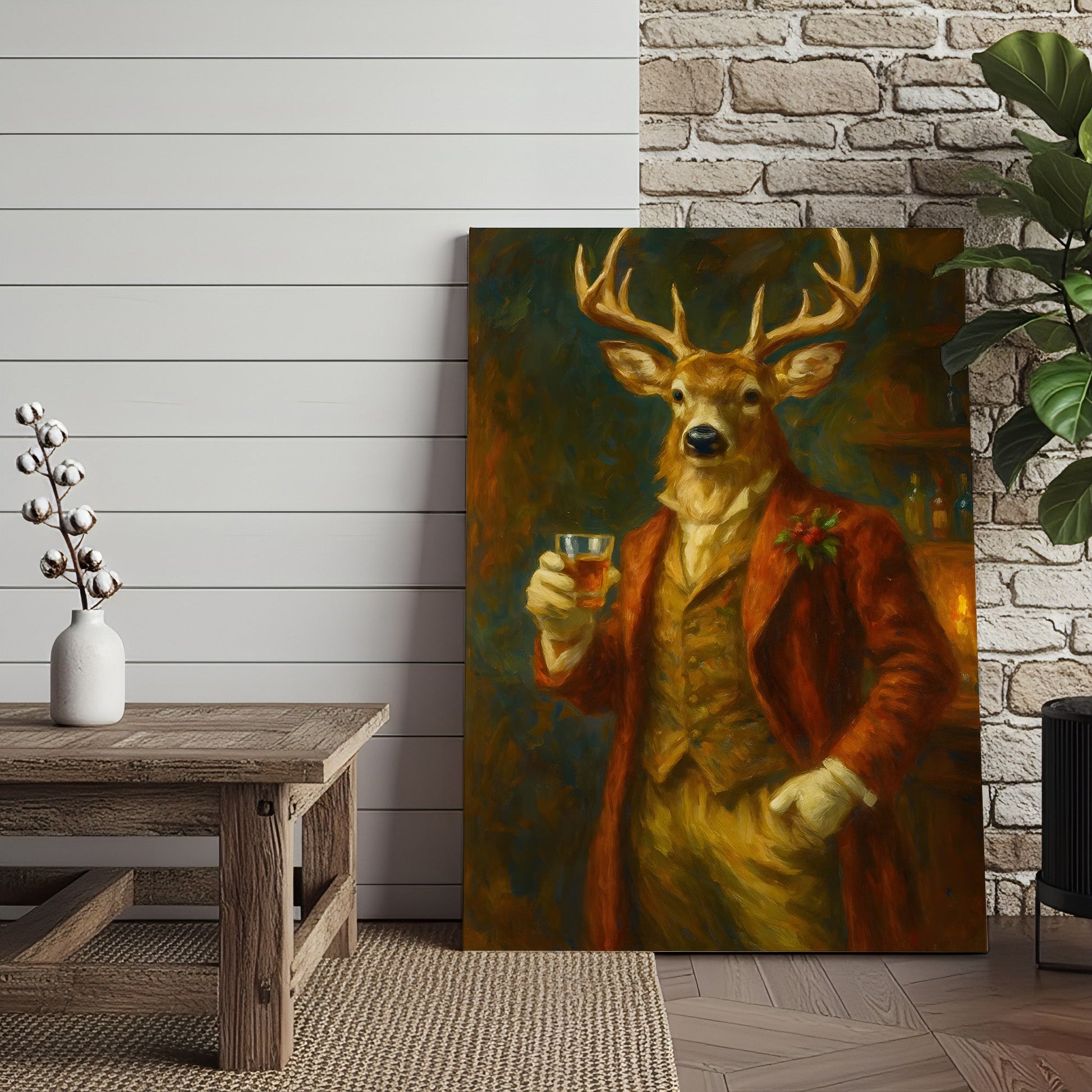 Deer Gentleman Wall Art Canvas – Whiskey Hunter Canvas Decor for Rustic Cabin, Lodge & Man Cave Gift