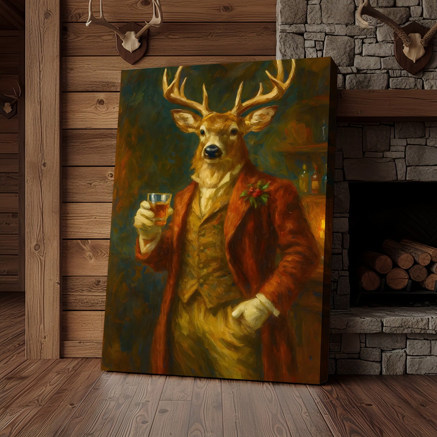 Deer Gentleman Wall Art Canvas – Whiskey Hunter Canvas Decor for Rustic Cabin, Lodge & Man Cave Gift