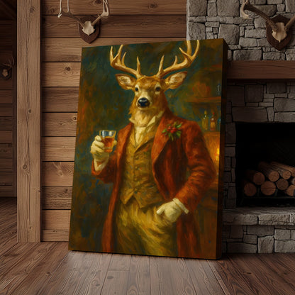 Deer Gentleman Wall Art Canvas – Whiskey Hunter Canvas Decor for Rustic Cabin, Lodge & Man Cave Gift