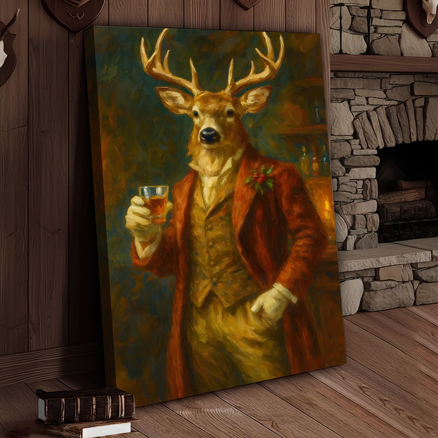 Deer Gentleman Wall Art Canvas – Whiskey Hunter Canvas Decor for Rustic Cabin, Lodge & Man Cave Gift