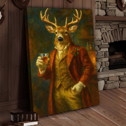 Deer Gentleman Wall Art Canvas – Whiskey Hunter Canvas Decor for Rustic Cabin, Lodge & Man Cave Gift