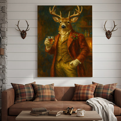 Deer Gentleman Wall Art Canvas – Whiskey Hunter Canvas Decor for Rustic Cabin, Lodge & Man Cave Gift