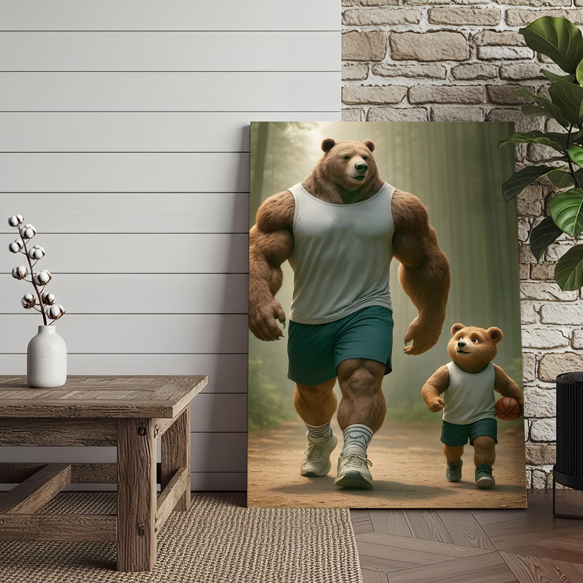 Buff Bear Dad and Cub Canvas Wall Art, Fitness Father and Son Bear Print, Basketball Kids Room & Home Gym Decor