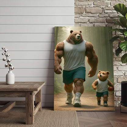 Buff Bear Dad and Cub Canvas Wall Art, Fitness Father and Son Bear Print, Basketball Kids Room & Home Gym Decor