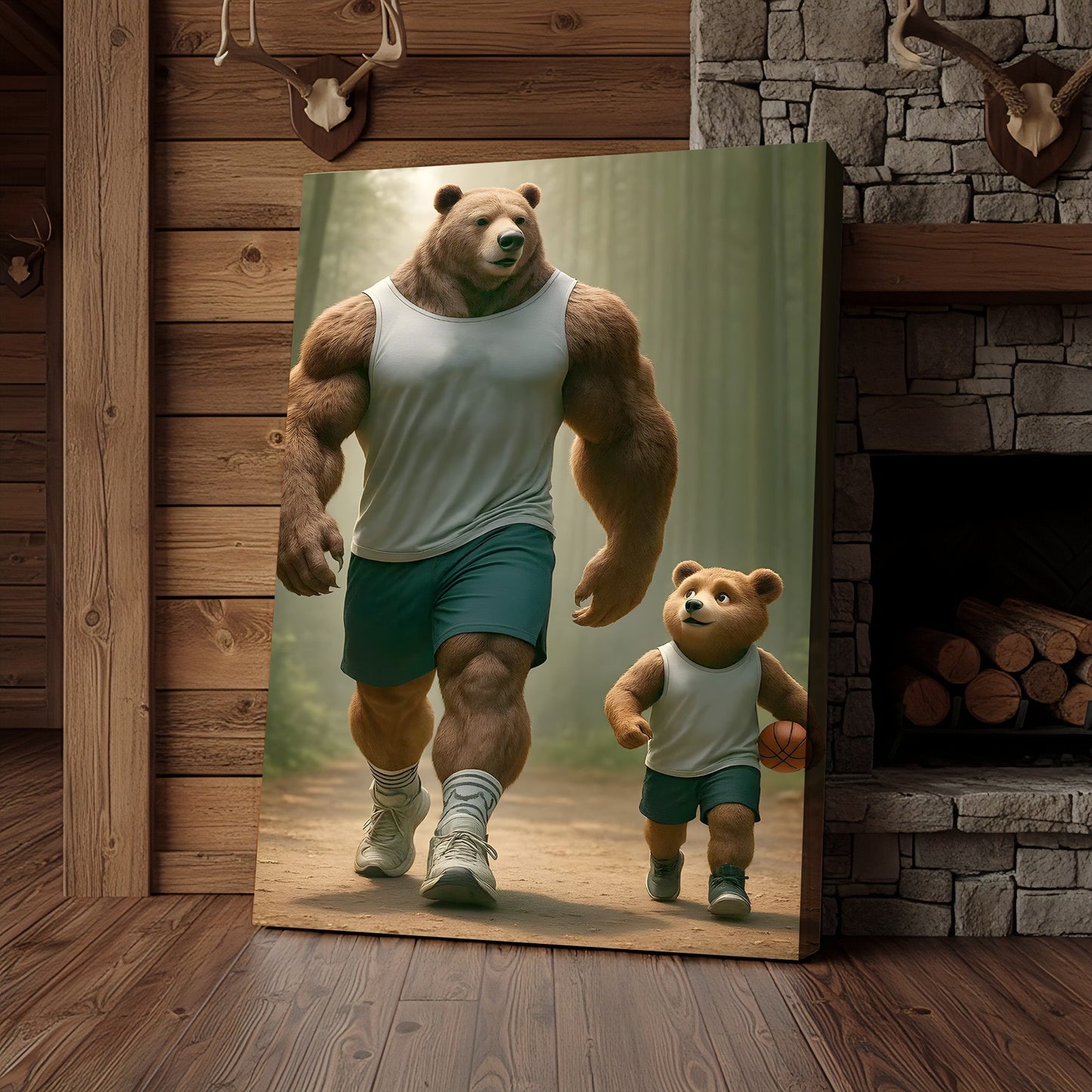 Buff Bear Dad and Cub Canvas Wall Art, Fitness Father and Son Bear Print, Basketball Kids Room & Home Gym Decor