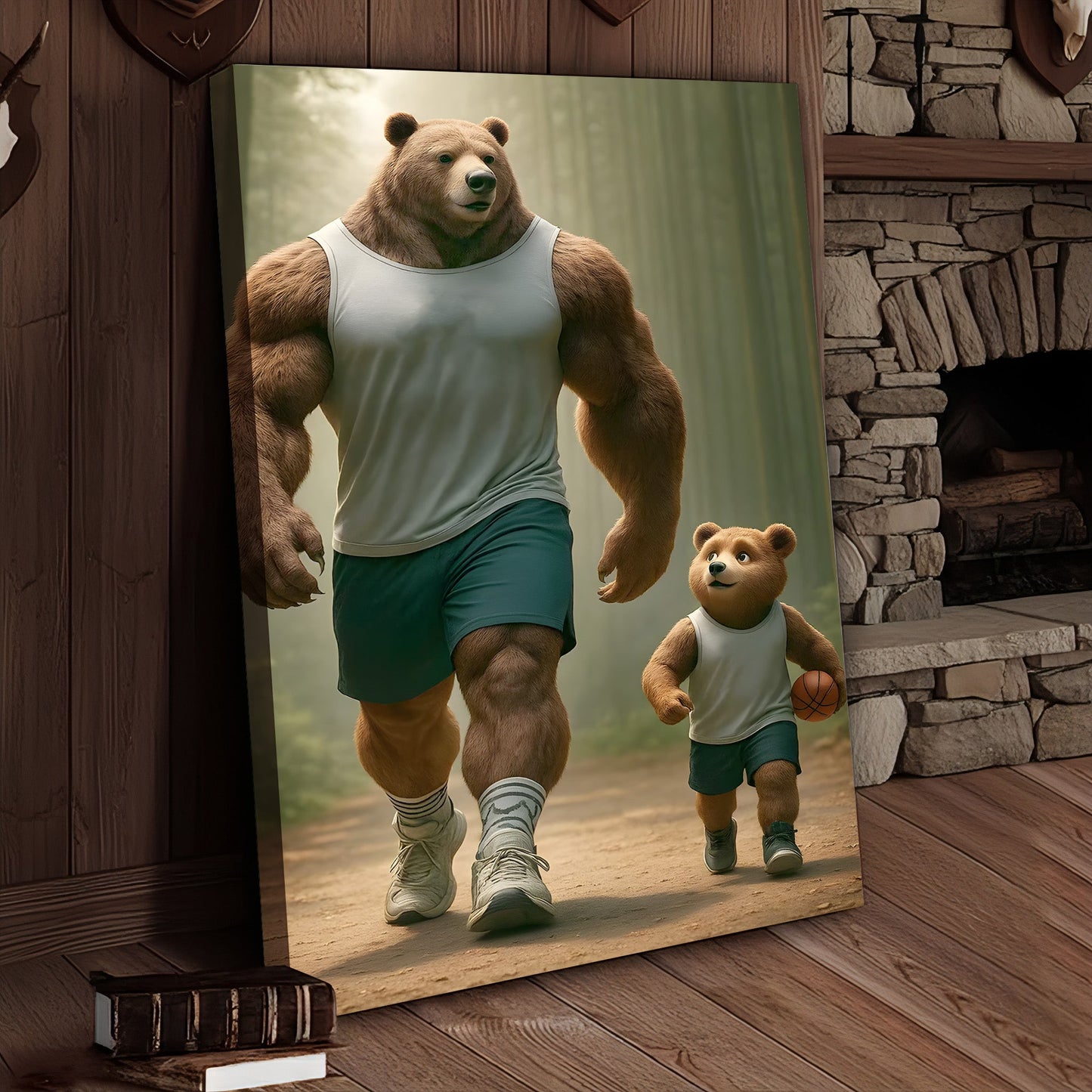 Buff Bear Dad and Cub Canvas Wall Art, Fitness Father and Son Bear Print, Basketball Kids Room & Home Gym Decor