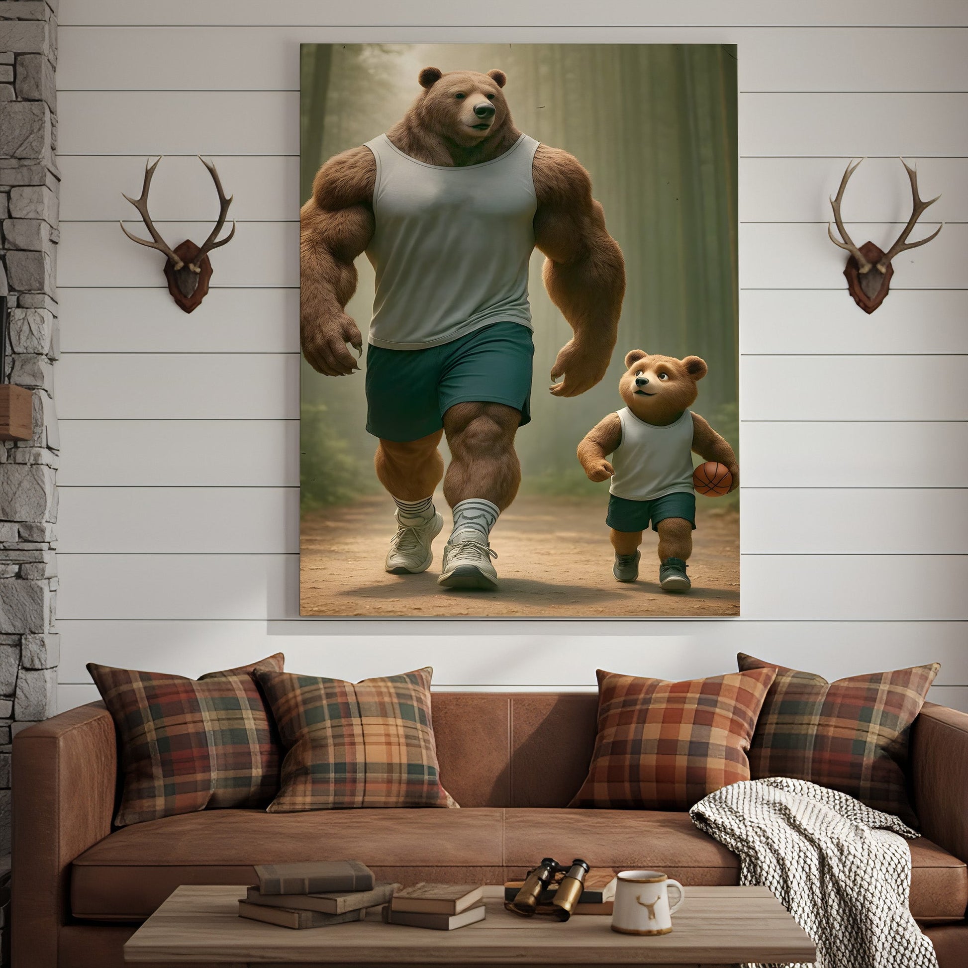 Buff Bear Dad and Cub Canvas Wall Art, Fitness Father and Son Bear Print, Basketball Kids Room & Home Gym Decor
