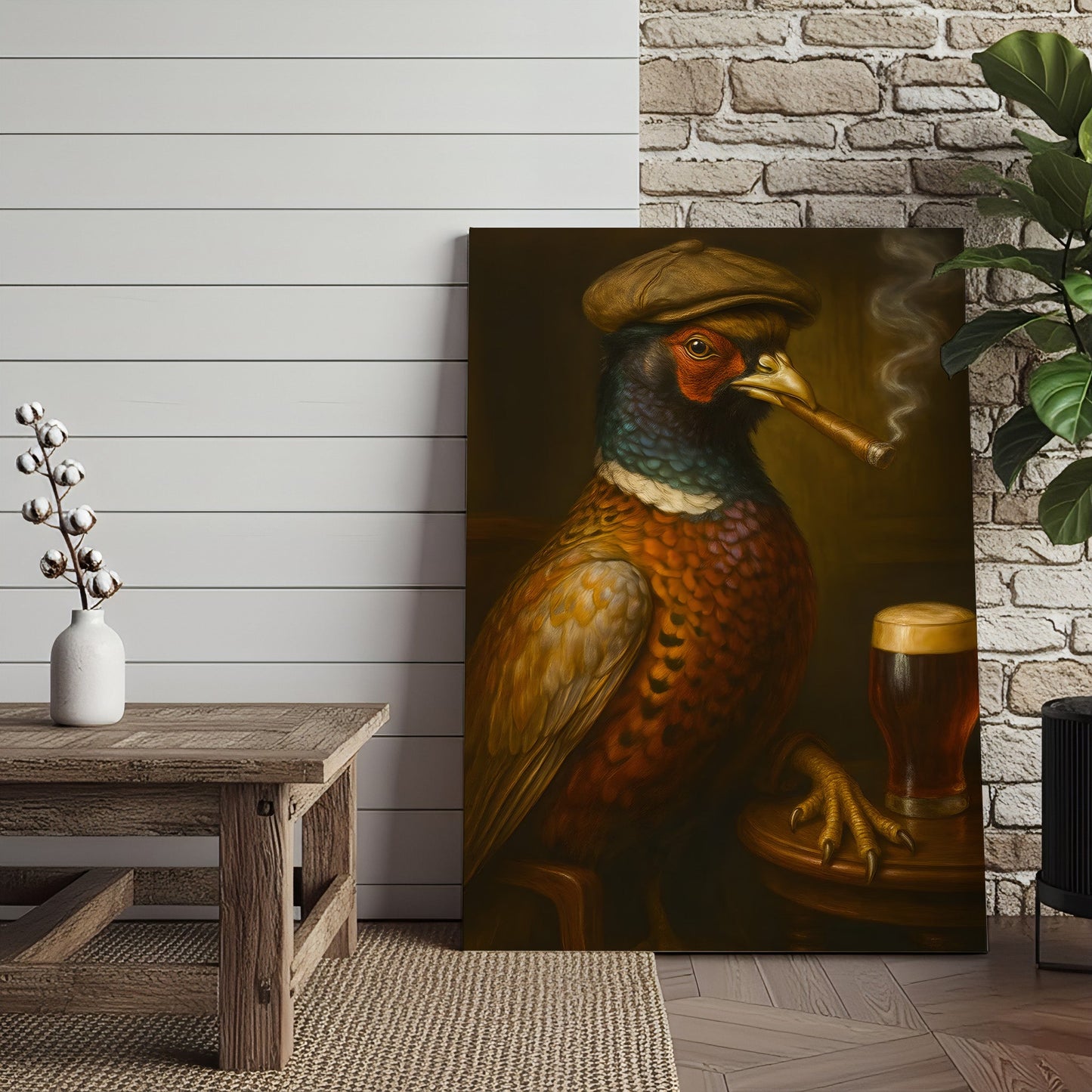 Pheasant Beer & Smoking Canvas – Funny Rustic Wall Art for Hunters, Bar & Man Cave Decor