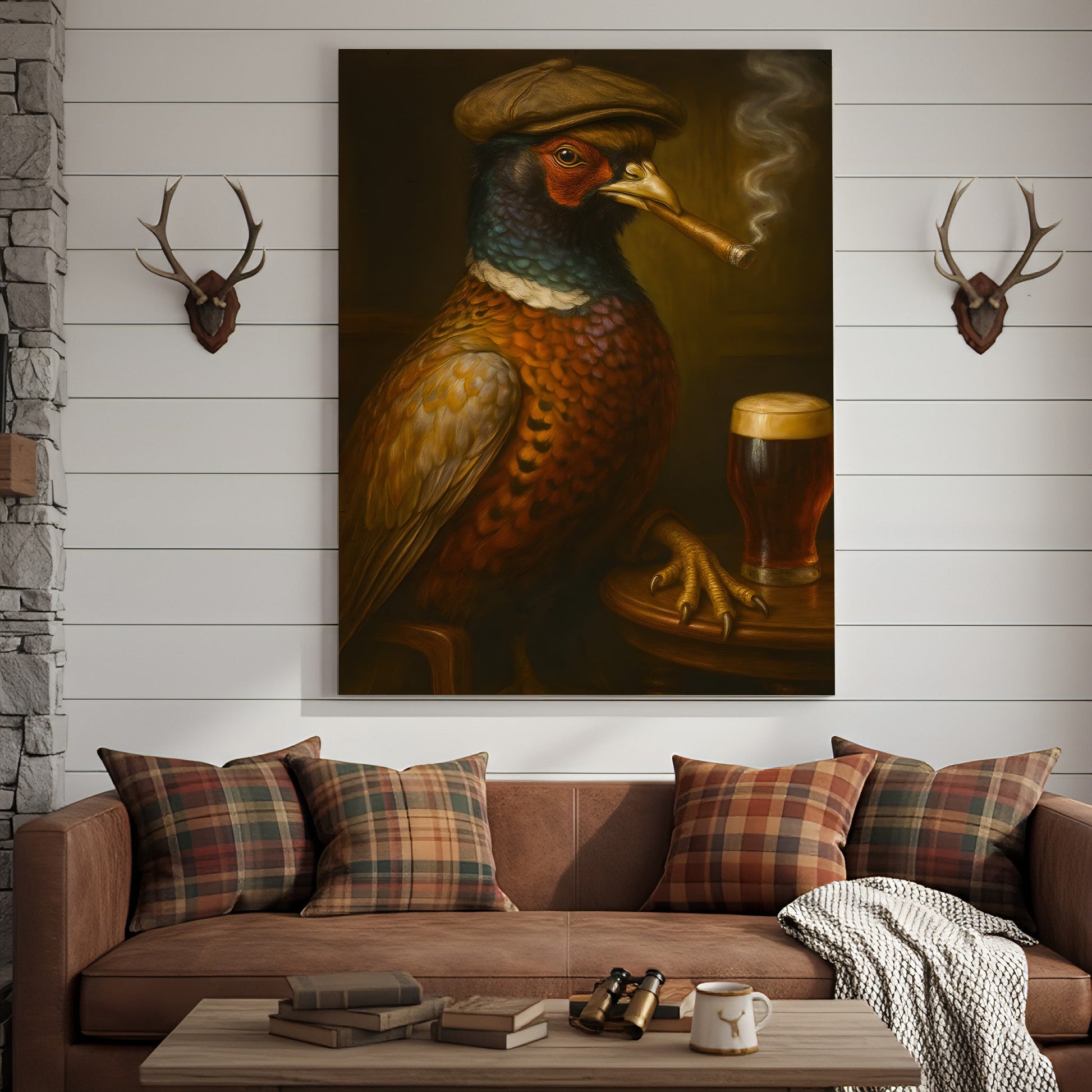 Pheasant Beer & Smoking Canvas – Funny Rustic Wall Art for Hunters, Bar & Man Cave Decor