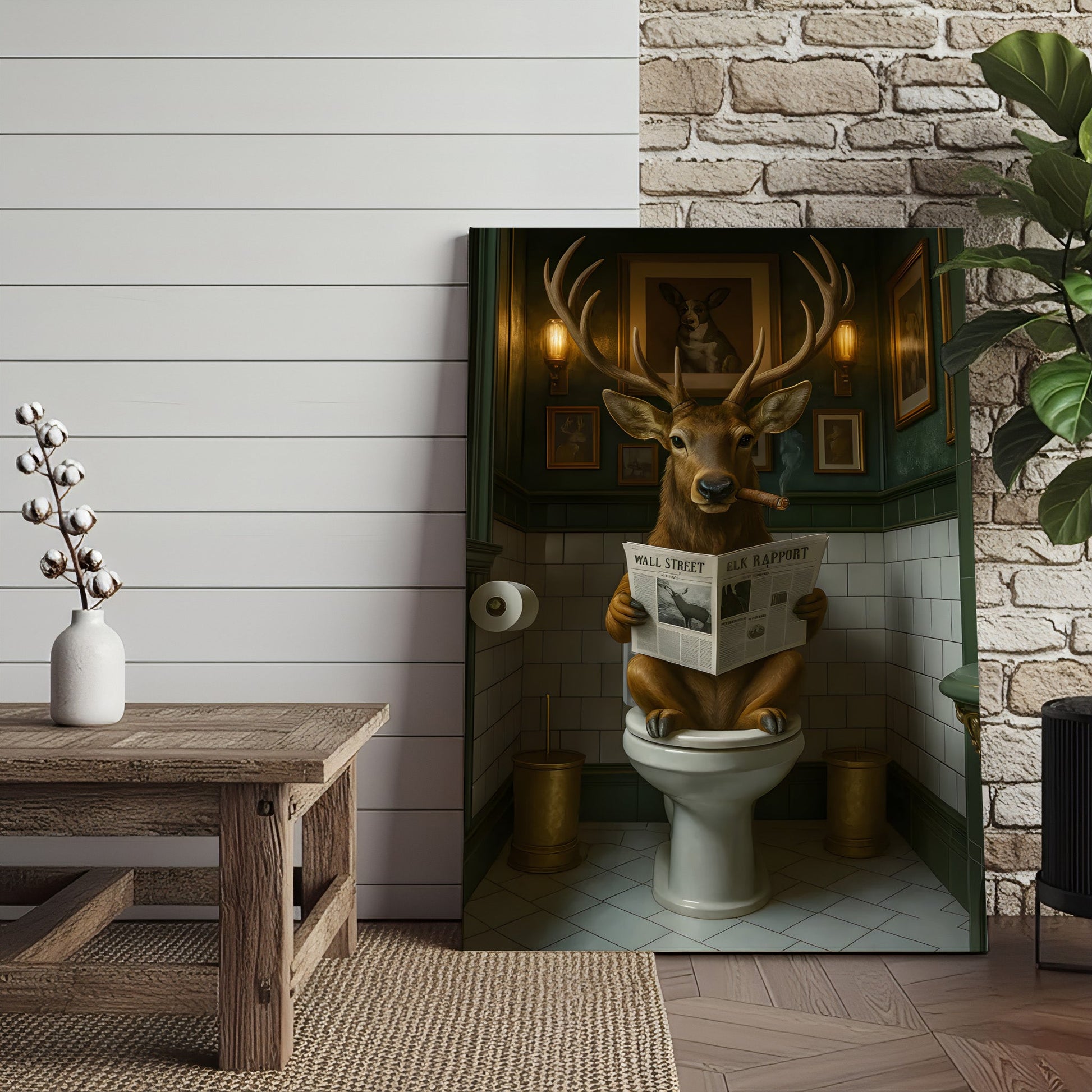 Funny Deer on Toilet Canvas Art – Stylish Animal Wall Art with Smoking and Wall Street Newspaper – Unique Bathroom Decor