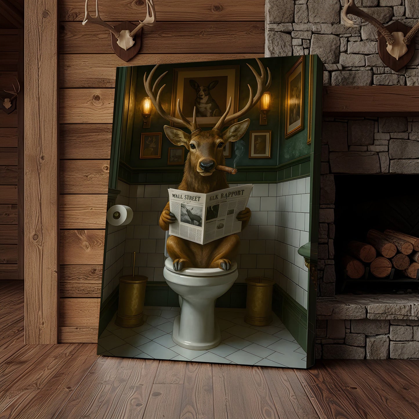 Funny Deer on Toilet Canvas Art – Stylish Animal Wall Art with Smoking and Wall Street Newspaper – Unique Bathroom Decor