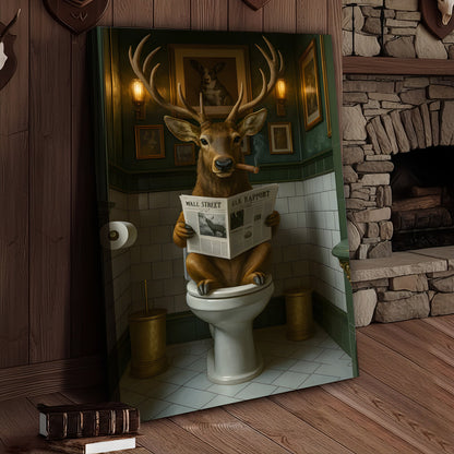 Funny Deer on Toilet Canvas Art – Stylish Animal Wall Art with Smoking and Wall Street Newspaper – Unique Bathroom Decor