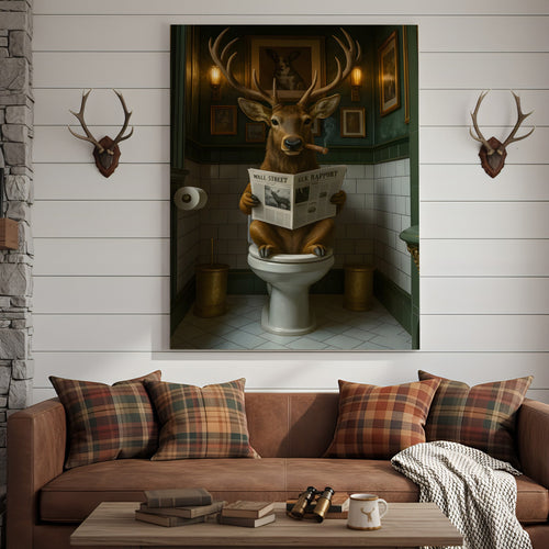 Funny Deer on Toilet Canvas Art – Stylish Animal Wall Art with Smoking and Wall Street Newspaper – Unique Bathroom Decor