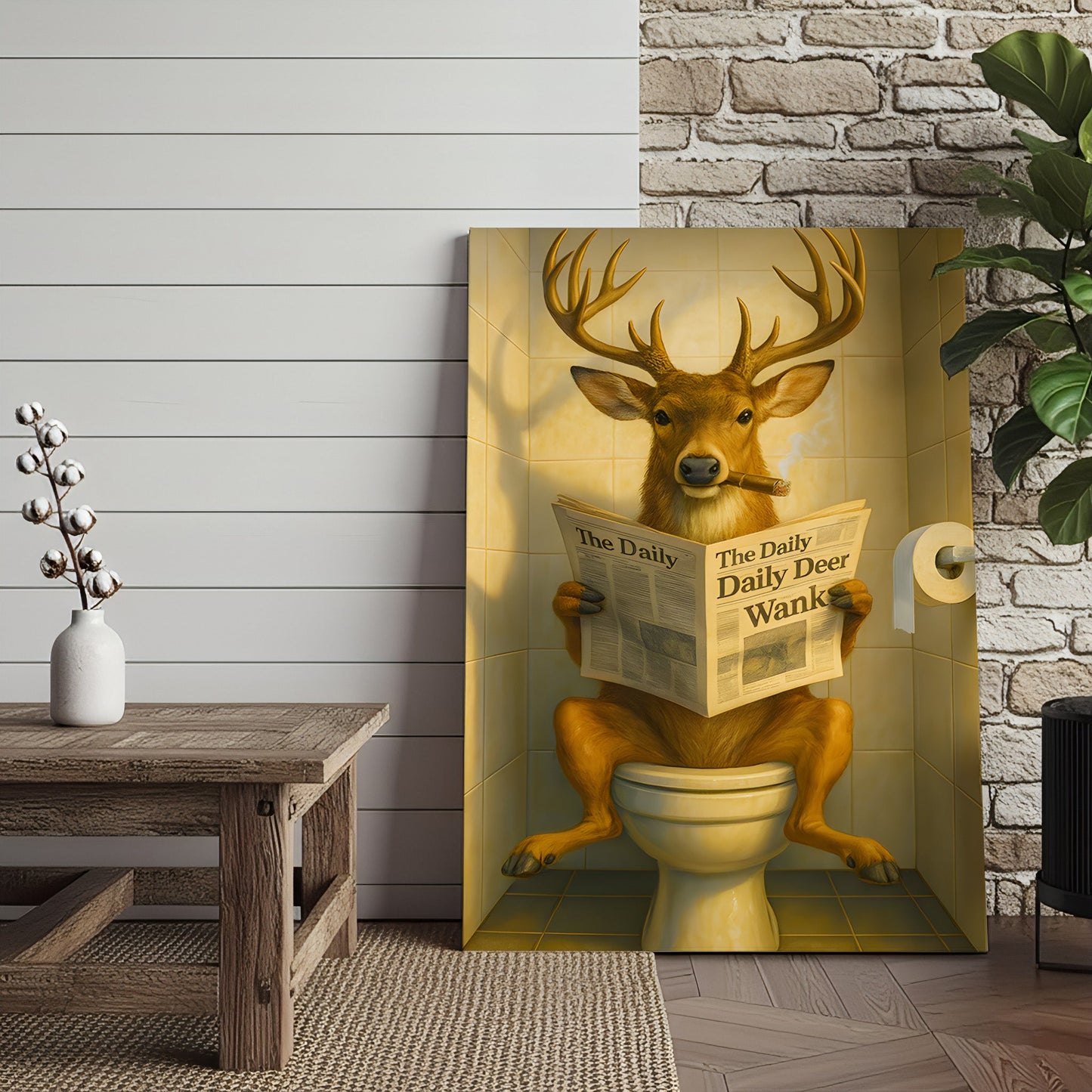 Funny Deer on Toilet Canvas – Quirky Animal Art Print with Smoking and Newspaper for Unique Wall Decor
