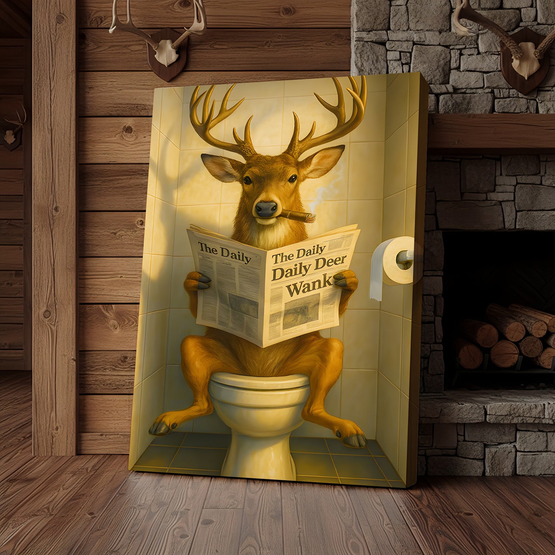 Funny Deer on Toilet Canvas – Quirky Animal Art Print with Smoking and Newspaper for Unique Wall Decor
