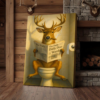 Funny Deer on Toilet Canvas – Quirky Animal Art Print with Smoking and Newspaper for Unique Wall Decor