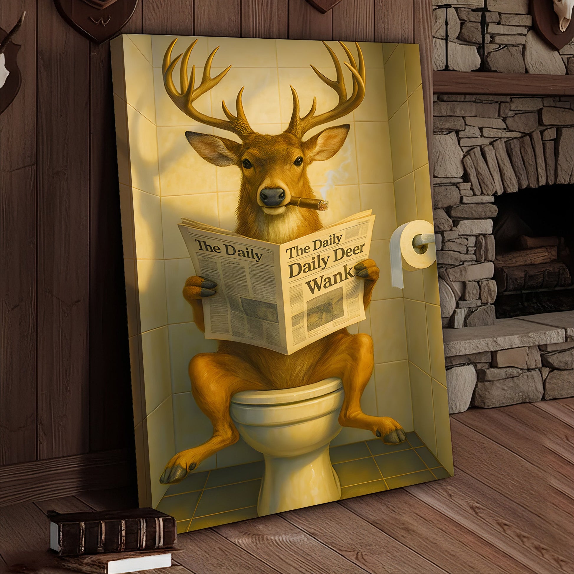 Funny Deer on Toilet Canvas – Quirky Animal Art Print with Smoking and Newspaper for Unique Wall Decor