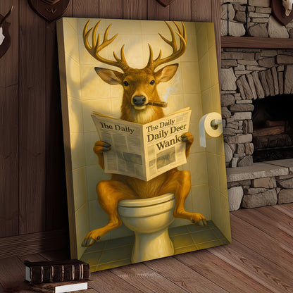 Funny Deer on Toilet Canvas – Quirky Animal Art Print with Smoking and Newspaper for Unique Wall Decor
