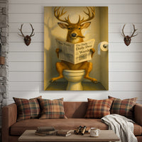 Funny Deer on Toilet Canvas – Quirky Animal Art Print with Smoking and Newspaper for Unique Wall Decor